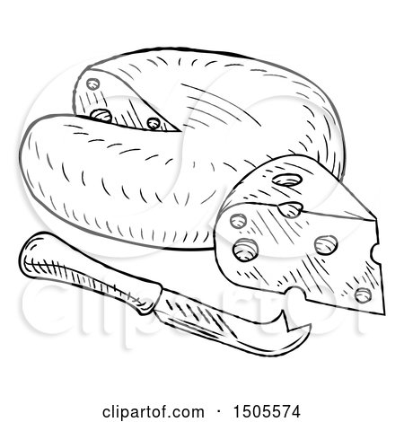 Clipart of a Black and White Vintage Engraved Knife and Cheese Wedge - Royalty Free Vector Illustration by AtStockIllustration
