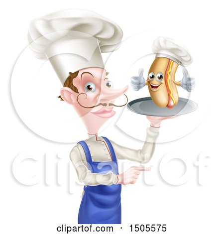 Clipart of a Pointing Male Chef with a Curling Mustache, Holding a Hot Dog on a Platter - Royalty Free Vector Illustration by AtStockIllustration