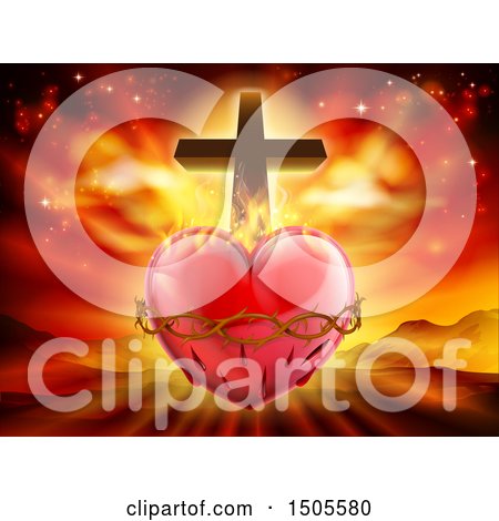 Clipart of a 3d Sacred Heart with Fire Thorns and a Cross over Mountains - Royalty Free Vector Illustration by AtStockIllustration