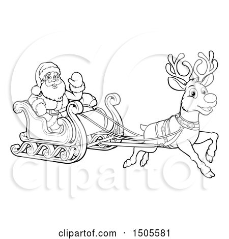 Clipart of a Black and White Reindeer Flying Santa in a Sleigh - Royalty Free Vector Illustration by AtStockIllustration