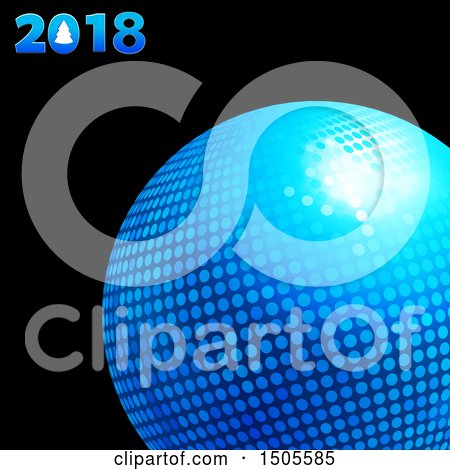 Clipart of a 3d Blue Disco Ball with 2018 Text on Black - Royalty Free Vector Illustration by elaineitalia