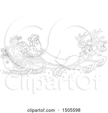 Clipart of a Black and White Scene of Santas Christmas Reindeer and Sleigh - Royalty Free Vector Illustration by Alex Bannykh