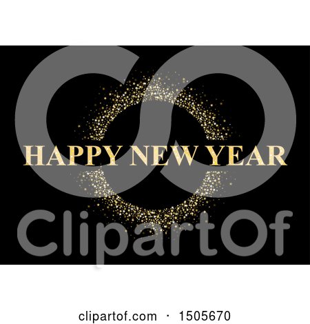 Clipart of a Gold Glitter Circle and Happy New Year Greeting on Black - Royalty Free Vector Illustration by dero