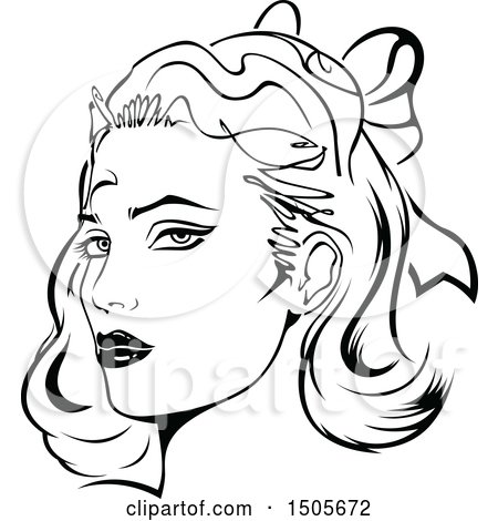 Clipart of a Black and White Woman with Her Hair Tied Back with a Bow - Royalty Free Vector Illustration by dero