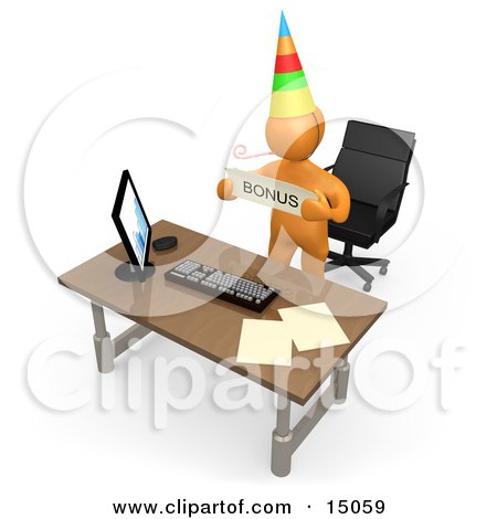 Well Deserving Orange Figure Employee Wearing A Party Hat And Blowing On A Noise Maker While Standing Behind His Office Desk And Holding A Bonus Sign Clipart Graphic by 3poD