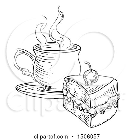Clipart of a Coffee and Piece of Victoria Sponge Cake, Black and White Engraved Style - Royalty Free Vector Illustration by AtStockIllustration