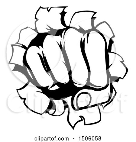 Clipart of a Black and White Fisted Hand Punching a Hole Through a Wall - Royalty Free Vector Illustration by AtStockIllustration