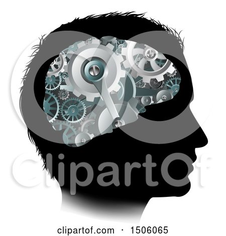 Clipart of a Black Silhouetted Man's Head with 3d Gear Cogs Visible in His Brain - Royalty Free Vector Illustration by AtStockIllustration