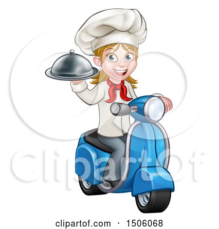 Clipart of a Cartoon Happy White Female Chef Holding a Cloche Platter and Riding a Scooter - Royalty Free Vector Illustration by AtStockIllustration