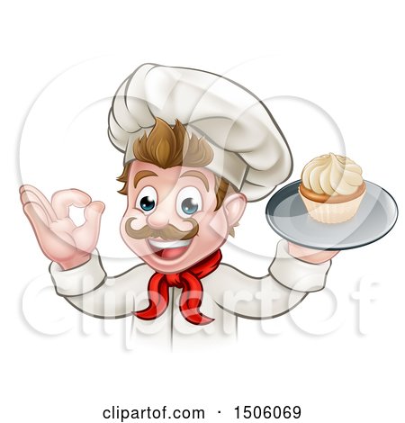Clipart of a Cartoon Happy White Male Chef Baker Gesturing Ok and Holding a Cupcake on a Tray - Royalty Free Vector Illustration by AtStockIllustration