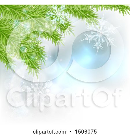 Clipart of a Background of Christmas Tree Branches and Snowflakes - Royalty Free Vector Illustration by AtStockIllustration
