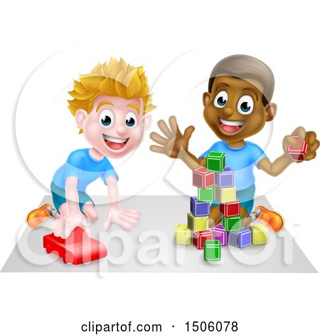 Clipart of Boys Playing with Blocks and a Toy Car - Royalty Free Vector Illustration by AtStockIllustration