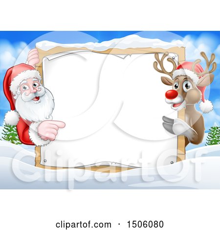 Clipart of a Christmas Santa Claus and Reindeer with a Blank Sign in a Snowy Landscape - Royalty Free Vector Illustration by AtStockIllustration