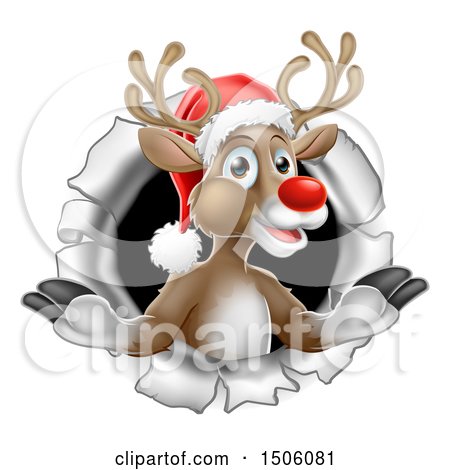 Clipart of a Red Nosed Christmas Reindeer Breaking Through a Wall - Royalty Free Vector Illustration by AtStockIllustration