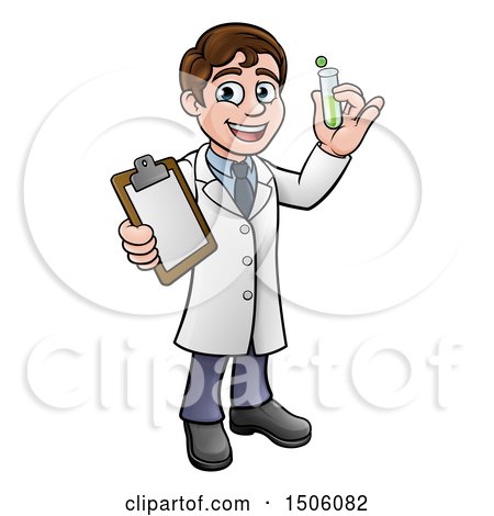 Clipart of a Cartoon Young Male Scientist Holding a Clipboard and Test Tube - Royalty Free Vector Illustration by AtStockIllustration