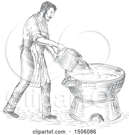 Clipart of a Sketched Candlemaker Chandler Pouring Wax on Foundry - Royalty Free Vector Illustration by patrimonio