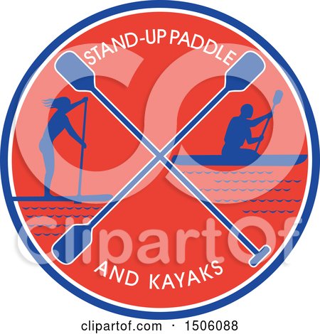 Clipart of a Silhouetted Stand up Paddler and Kayaker in a Blue White and Red Circle - Royalty Free Vector Illustration by patrimonio