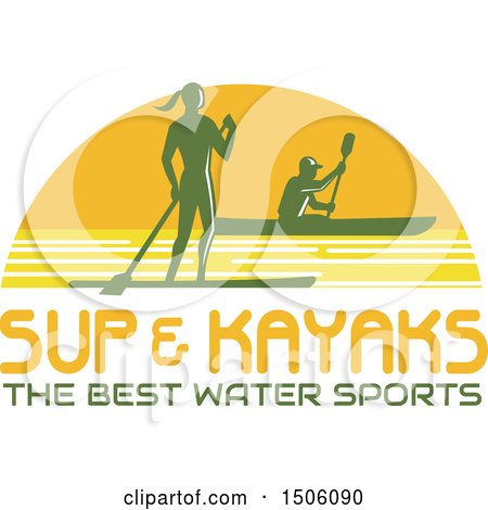 Clipart of a Silhouetted Stand up Paddler and Kayaker over Text in a Sunset Half Circle - Royalty Free Vector Illustration by patrimonio