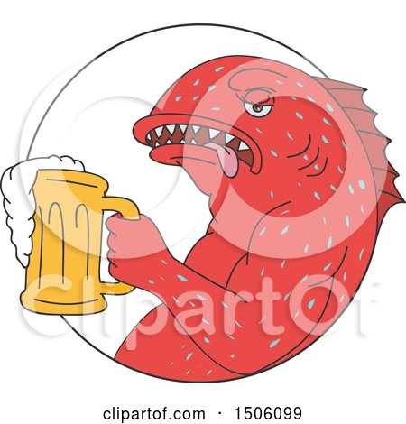 Clipart of a Sketched Coral Trout Fish Holding a Beer Mug in a Circle - Royalty Free Vector Illustration by patrimonio