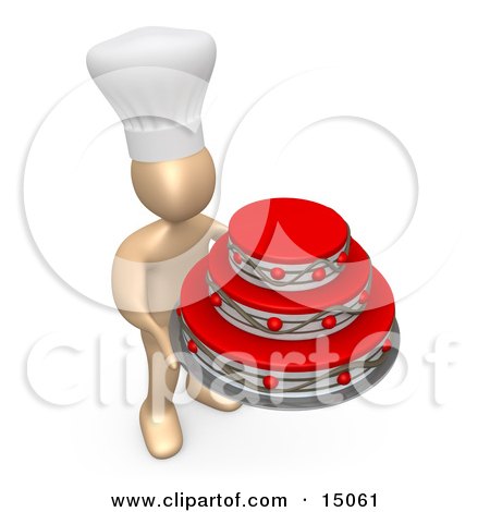 Baker Wearing A White Chefs Hat And Holding A Big Red And Silver Three Tiered Birthday, Wedding Or Anniversary Cake For A Big Celebration Posters, Art Prints