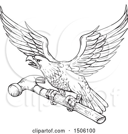 Clipart of a Sketched Bald Eagle Flying with a Hammer - Royalty Free Vector Illustration by patrimonio