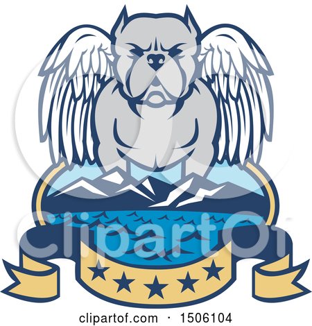 Clipart of a Winged Angel Pit Bull Dog over a Bay with Mountains and Five Star Banner - Royalty Free Vector Illustration by patrimonio