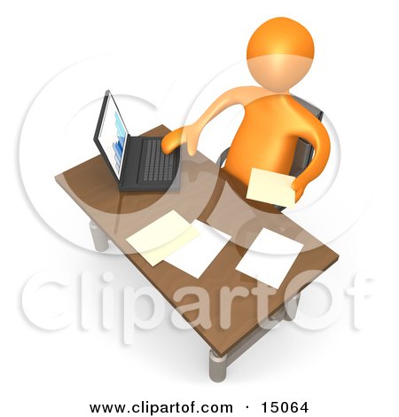 Orange Employee Seated At A Wooden Desk And Using A Laptop While Doing Paperwork At The Office Clipart Graphic by 3poD