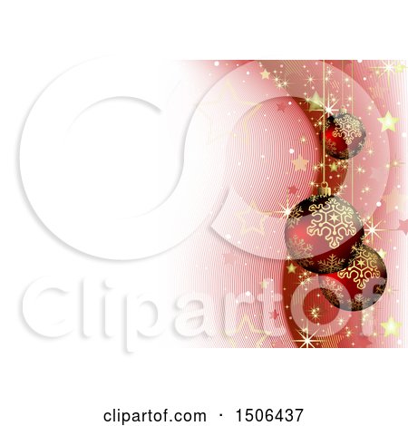 Clipart of a Christmas Background with Stars, Sparkles and Suspended 3d Red Bauble Ornaments - Royalty Free Vector Illustration by dero