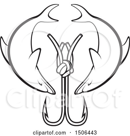 Clipart of a Black and White Fishing Hook with Dolphins - Royalty Free Vector Illustration by Lal Perera