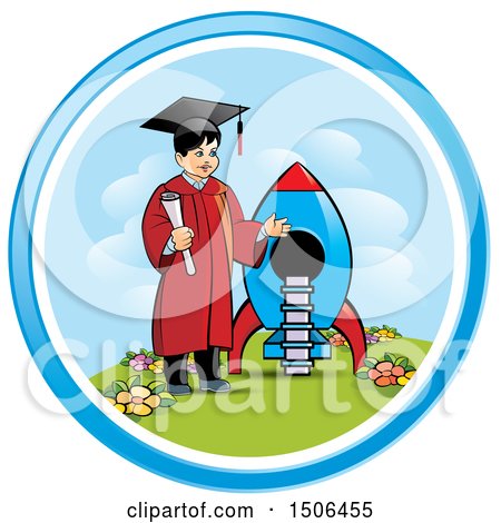 Clipart of a Boy Graduate Holding a Diploma by a Rocket - Royalty Free Vector Illustration by Lal Perera
