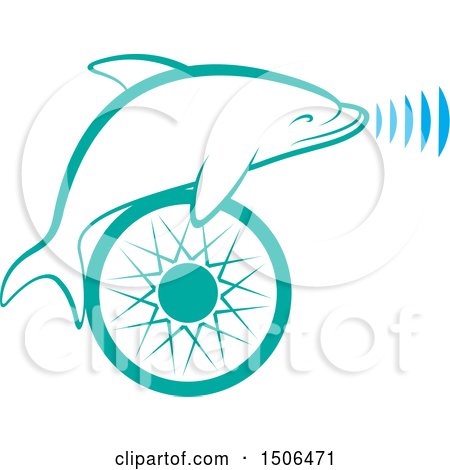 Clipart of a Turquoise Dolphin over a Wheel, with Sound Waves - Royalty Free Vector Illustration by Lal Perera