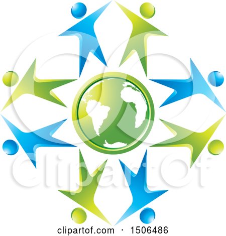 Clipart of a Green Earth Globe Encircled with Blue and Green People Dancing, High Fiving or Cheering - Royalty Free Vector Illustration by Lal Perera