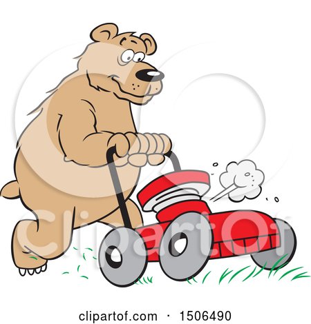 Clipart of a Bear Pushing a Lawn Mower - Royalty Free Vector Illustration by Johnny Sajem