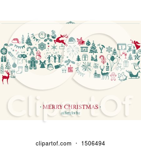 Clipart of a Merry Christmas and Happy New Year Greeting with Icons on off White - Royalty Free Vector Illustration by dero
