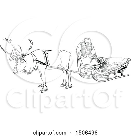 Clipart of a Black and White Christmas Reindeer and Santa at a Sleigh - Royalty Free Vector Illustration by dero