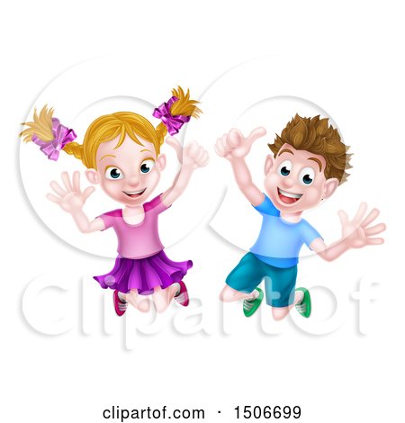 Clipart of a Cartoon Happy Excited Blond Caucasian Boy and Girl Jumping - Royalty Free Vector Illustration by AtStockIllustration