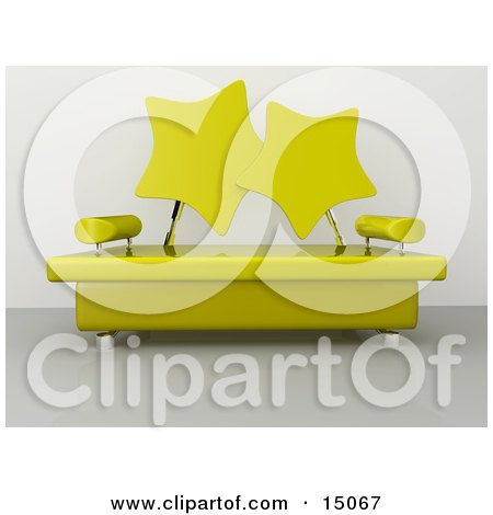 Modern Living Room Or Office Lobby Interior With A Yellow Sofa With Star Shaped Back Rests And Chrome Poles Clipart Graphic by 3poD