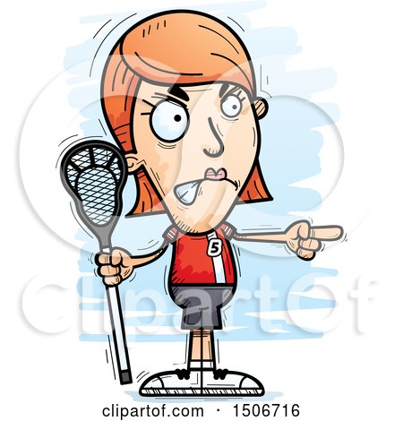 Clipart of a Mad Pointing White Female Lacrosse Player - Royalty Free Vector Illustration by Cory Thoman