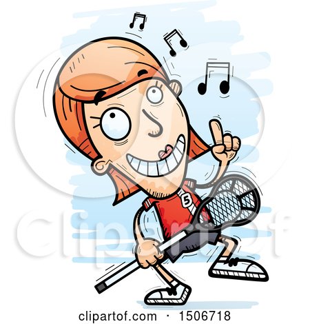 Clipart of a Happy Dancing White Female Lacrosse Player - Royalty Free Vector Illustration by Cory Thoman