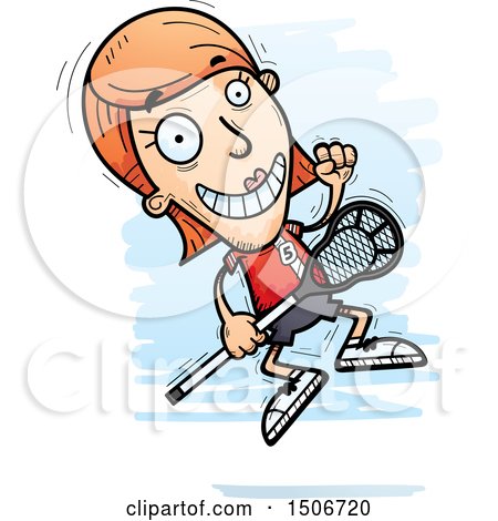 Clipart of a Jumping White Female Lacrosse Player - Royalty Free Vector Illustration by Cory Thoman