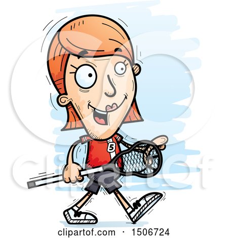Clipart of a Walking White Female Lacrosse Player - Royalty Free Vector Illustration by Cory Thoman