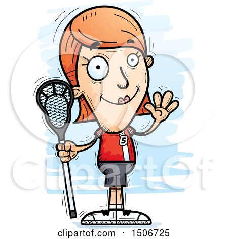 Clipart of a Waving White Female Lacrosse Player - Royalty Free Vector Illustration by Cory Thoman