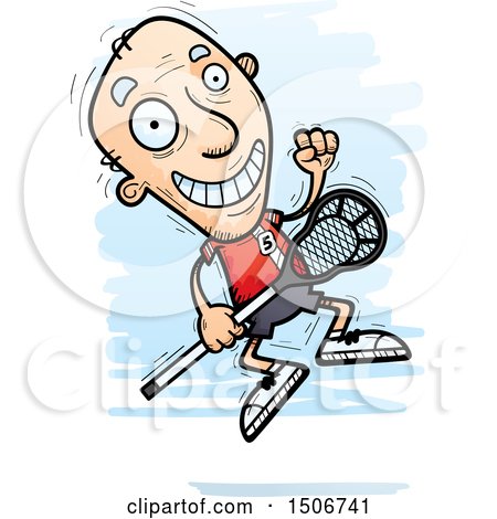 Clipart of a Jumping Senior White Male Lacrosse Player - Royalty Free Vector Illustration by Cory Thoman