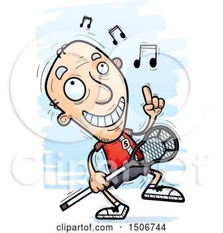 Clipart of a Happy Dancing Senior White Male Lacrosse Player - Royalty Free Vector Illustration by Cory Thoman