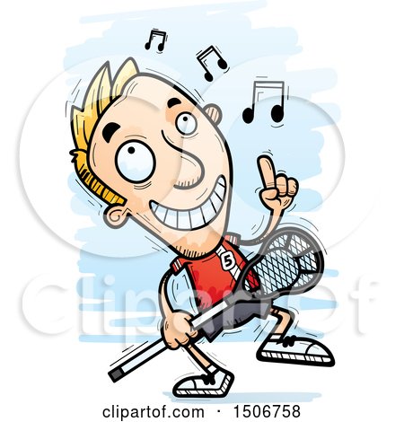 Clipart of a Happy Dancing White Male Lacrosse Player - Royalty Free Vector Illustration by Cory Thoman