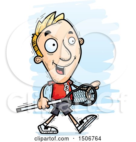 Clipart of a Walking White Male Lacrosse Player - Royalty Free Vector Illustration by Cory Thoman