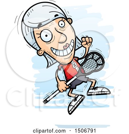 Clipart of a Jumping Senior White Female Lacrosse Player - Royalty Free Vector Illustration by Cory Thoman