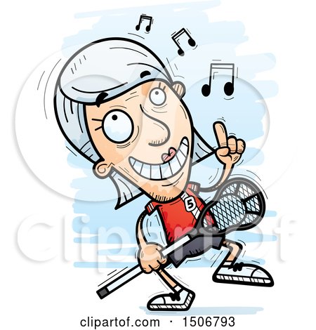 Clipart of a Happy Dancing Senior White Female Lacrosse Player - Royalty Free Vector Illustration by Cory Thoman