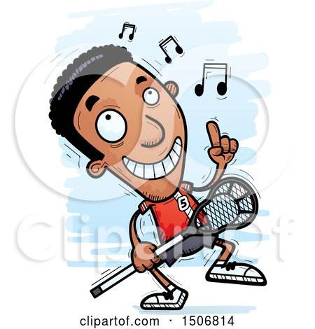 Clipart of a Happy Dancing Black Male Lacrosse Player - Royalty Free Vector Illustration by Cory Thoman