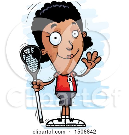 Clipart of a Waving Black Female Lacrosse Player - Royalty Free Vector Illustration by Cory Thoman